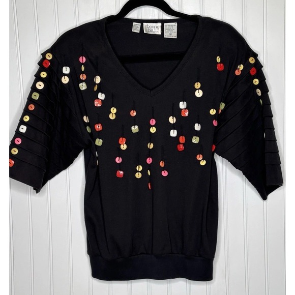 Bonnie and Bill Sweaters - Vtg Bonnie & Bill by Holly 80-90's Black Top Shirt Med Pleated S/S Buttons Retro
